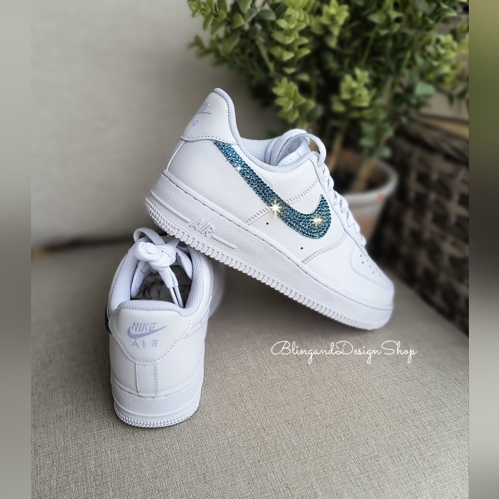 Bling Womens Nike Air Force 1 White Sneakers Shoes made with Blue Crystals - Picture 4 of 7